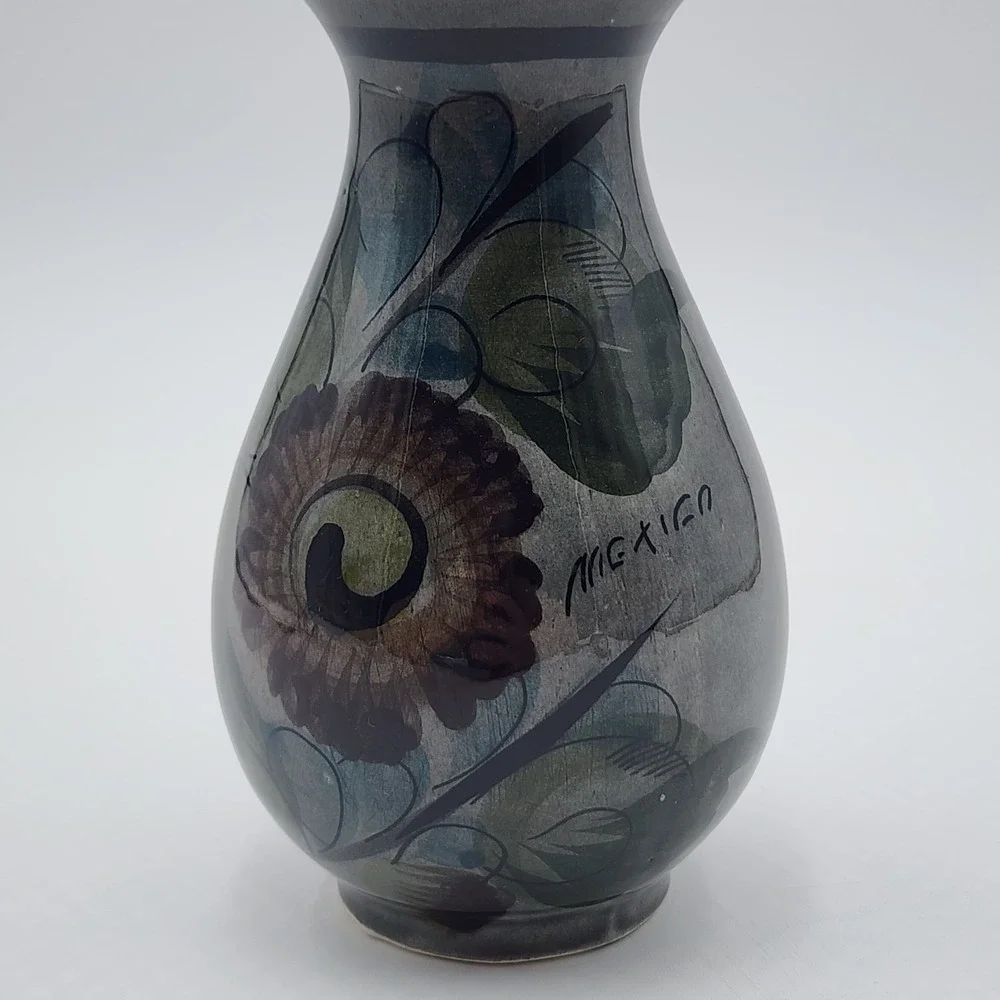 Vintage Mexican Tonala Style Pottery Vase Hand Painted Floral Signed Mexico